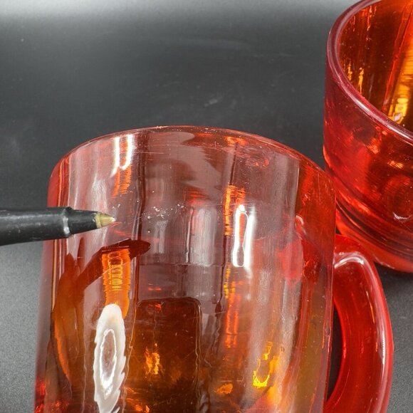 Antique Hand Blown Glass Cup Mug Set 2 Red Thick Heavy Glass Mugs Cups Vintage - Picture 8 of 16